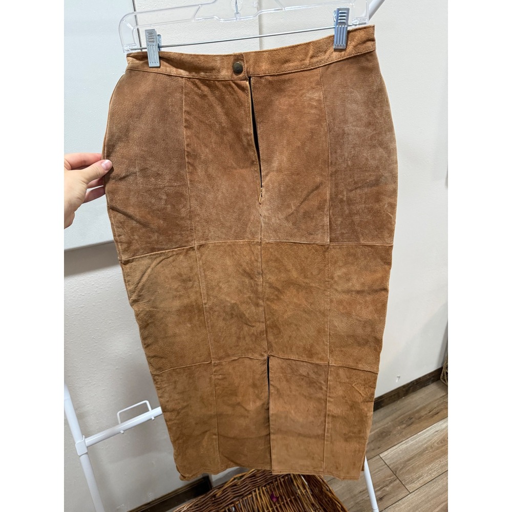 S.M. Tan Suede Patchwork Midi skirt Size 8 High Waist NEEDS REPAIRS